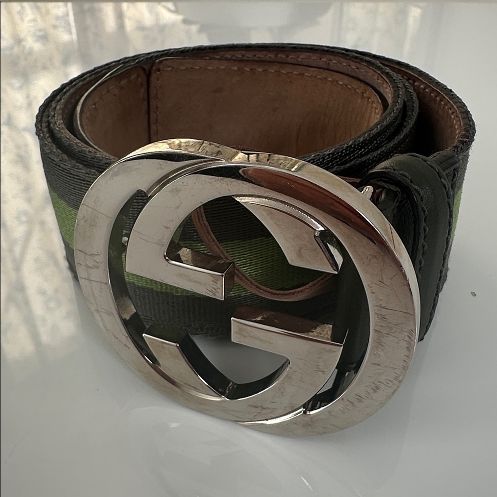 Authentic Gucci Green Canvas & Leather Belt with  Silver GG Buckle - Picture 10 of 11